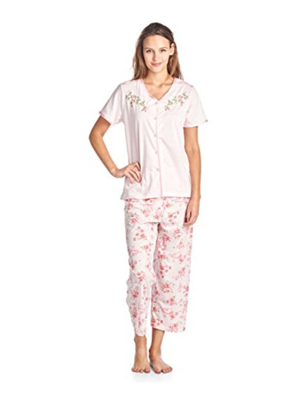 Short Sleeve Floral Satin Lace Capri Pajama Set